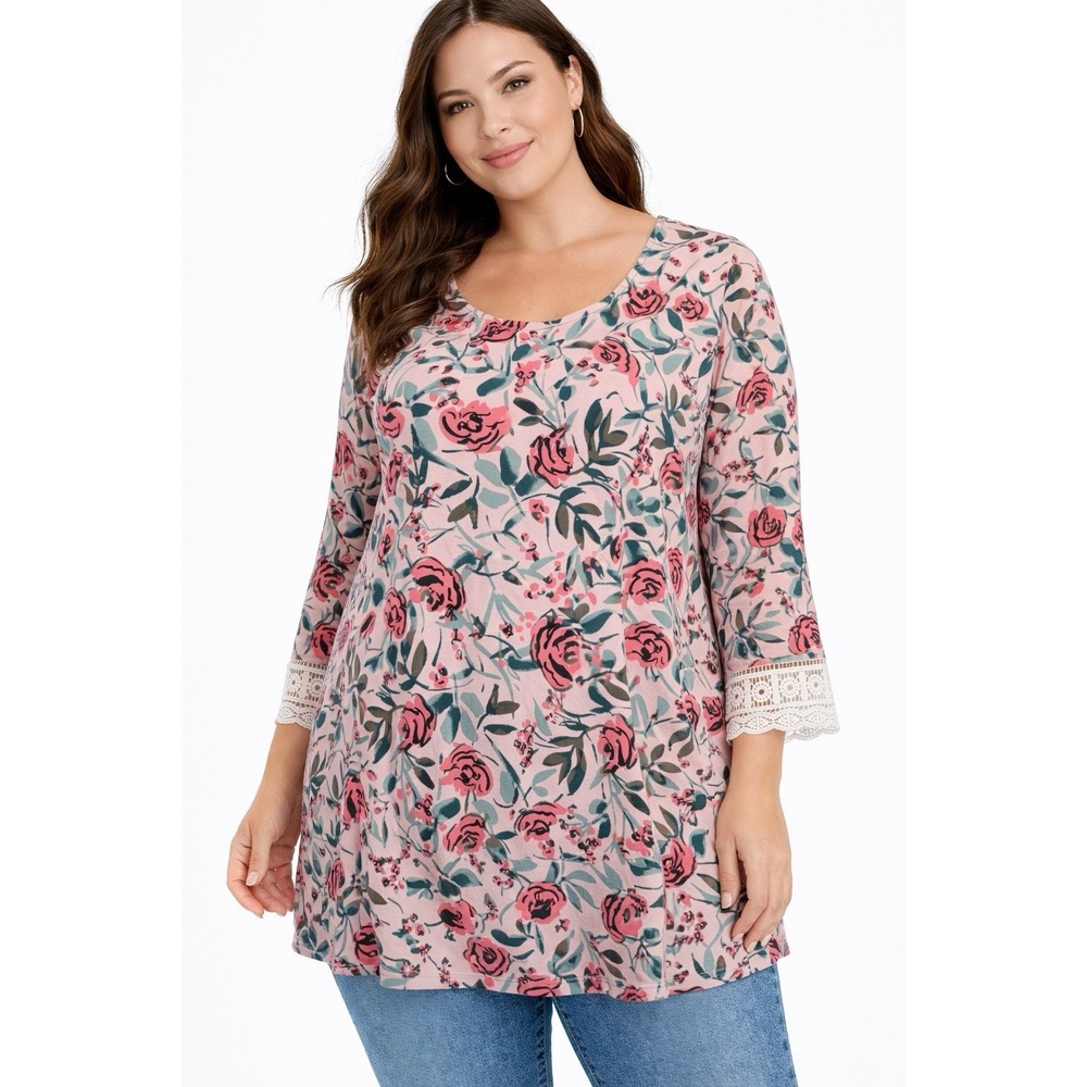 Woman Within 1X Pink Floral Tunic Top Lace Sleeve Plus Size Boho Casual‎ Summer
